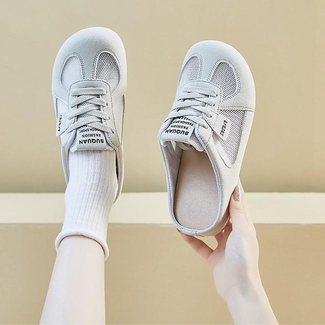 Summer hollow mesh bag head half slippers, heel-free lazy flat-bottomed casual lace-up cool slippers