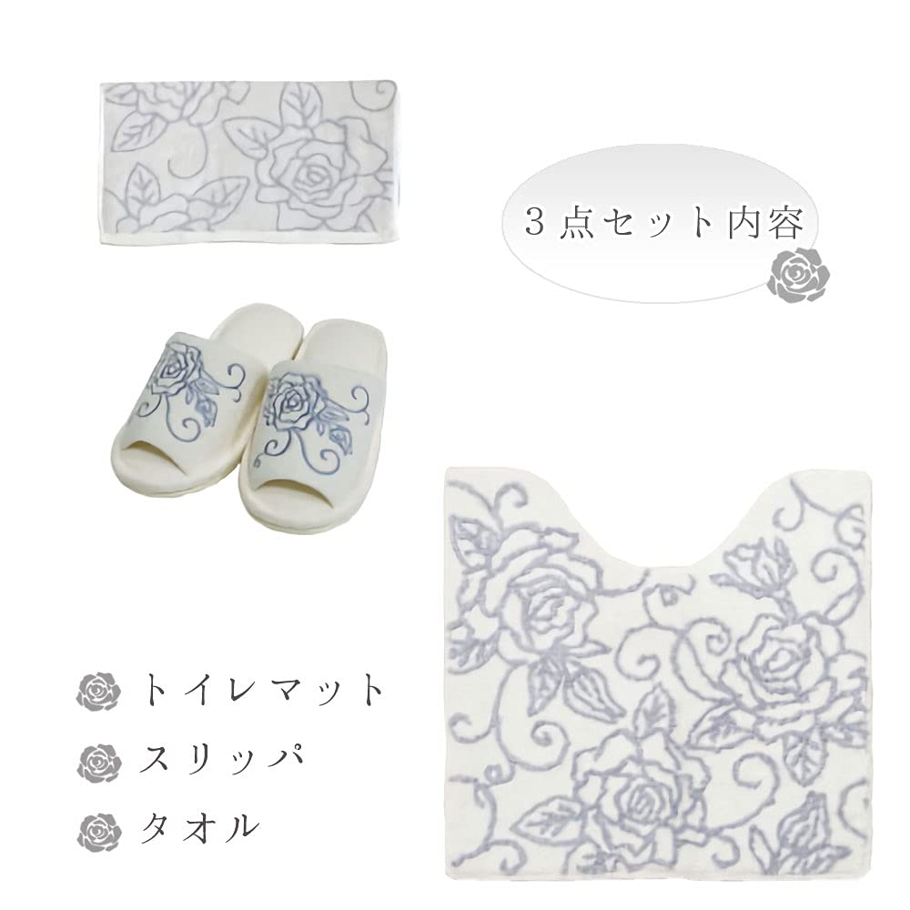 Amazon exclusive toilet mat set without lid cover and paper holder Clear rose Elegant rose pattern Rose Rose [White] "3-piece cover"