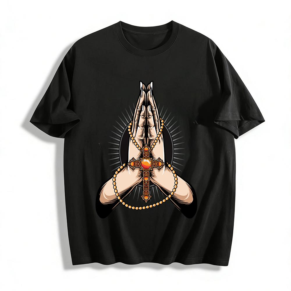 

Vintage Praying Hands Cross Bead Print Casual T-Shirt Pure cotton T-shirt XXS