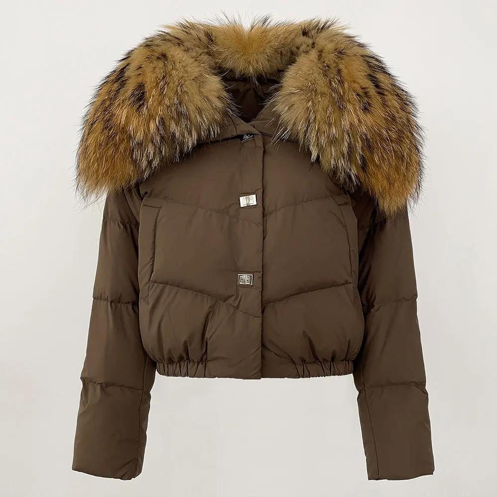 OFTBUY Geacă de Iarnă Femei Guler Mare din Blană Naturală de Raton Real, Gros, Cald, Puf de Rață, Scurt, Îmbrăcăminte Exterioară, Streetwear, Larg, Casual