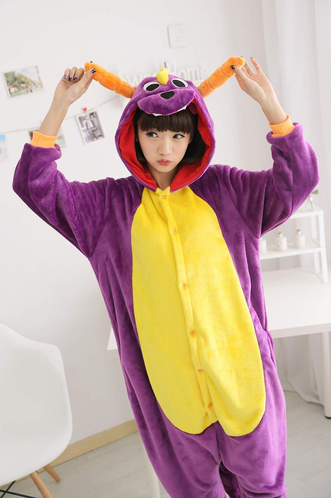 Dorawithme Purple Dragon Kigurumi Pajamas for Adults, Animal Cosplay Costume for Halloween and Christmas, Unisex (Size L)