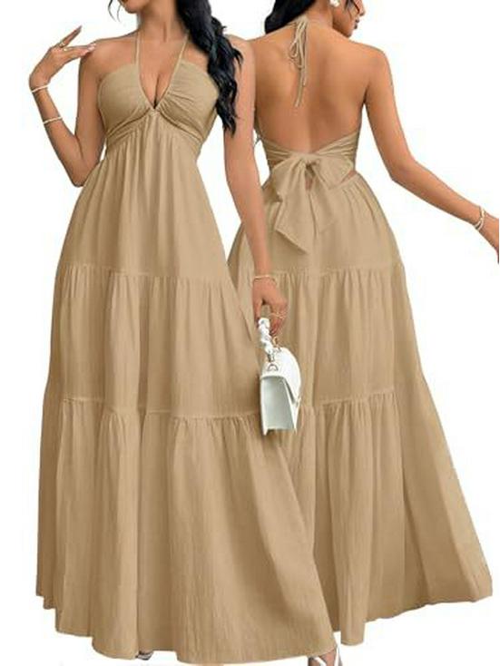 European & American Deep V Spaghetti Strap Backless Dress - Wedding, Party & Vacation Style