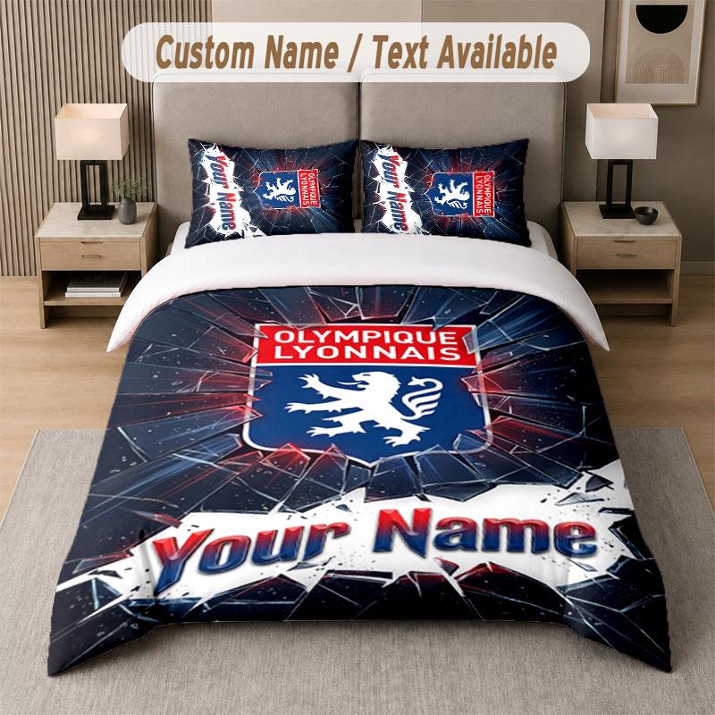 Custom Bedding Set Lyon FC Pattern, Print Name Text 1 Duvet Cover plus 2 Pillowcases Home Textile