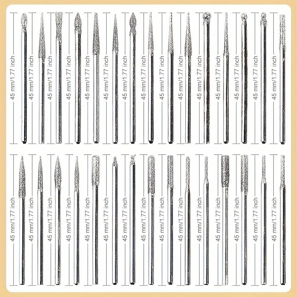 30pcs Diamond Grinding Burr Needle Point Engraving Carving Polishing For Glass Jade Stone 2.35/3mm Drill Bit Rotary Tool Set argento