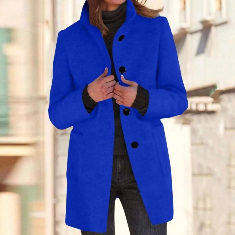 Women's Casual Solid Color Woolen Jacket with Collar and Pocket Long Sleeve Button Up Coat