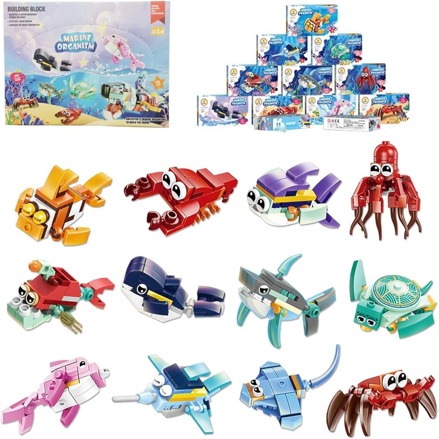 

12 in 1 Pre Filled Marine Organism Building Block Set-12 Pcs Mini Building Blocks Toys, STEM Building Blocks Toys