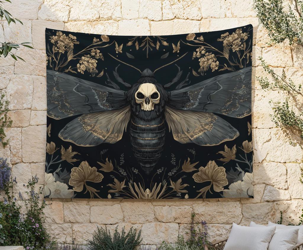 Death's Head Moth Tapestry, Gothic Botanical Wall Hanging, Dark Whimsigoth Wall Cloth, Spooky Cottagecore Background Cloth, Moody Plants