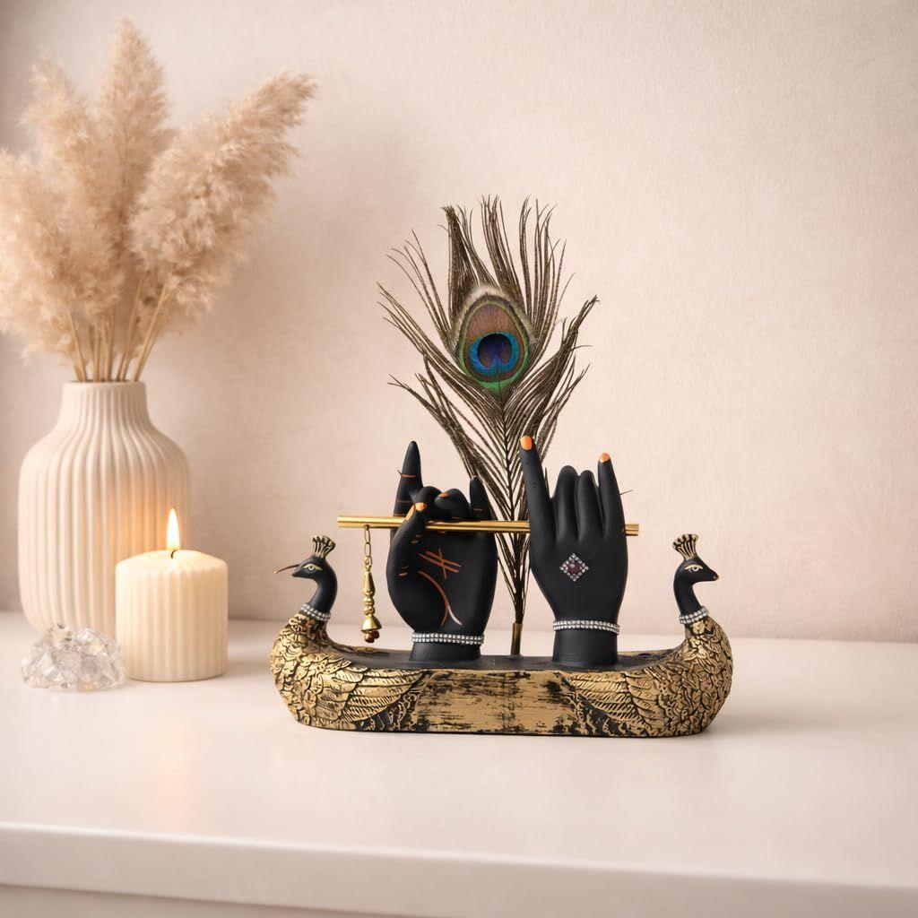 Krishna Hand with Flute & Peacock Feather Idol for Home Decor Gift, Office & Living Room, Peacock