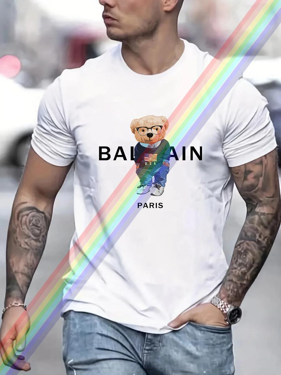 

Luxury Brand USA Bear Paris Print T Shirt For Man Summer Vintage Unisex Oversized T-shirt Y2k Tops Short Sleeve Men s M