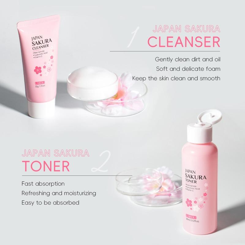 LAIKOU Moisturizing Reduce Fine Lines Brighten Skin Tone Care Toner Cream Eye Cream Cleanser 6Pcs Sakura Facial Skin Care Set