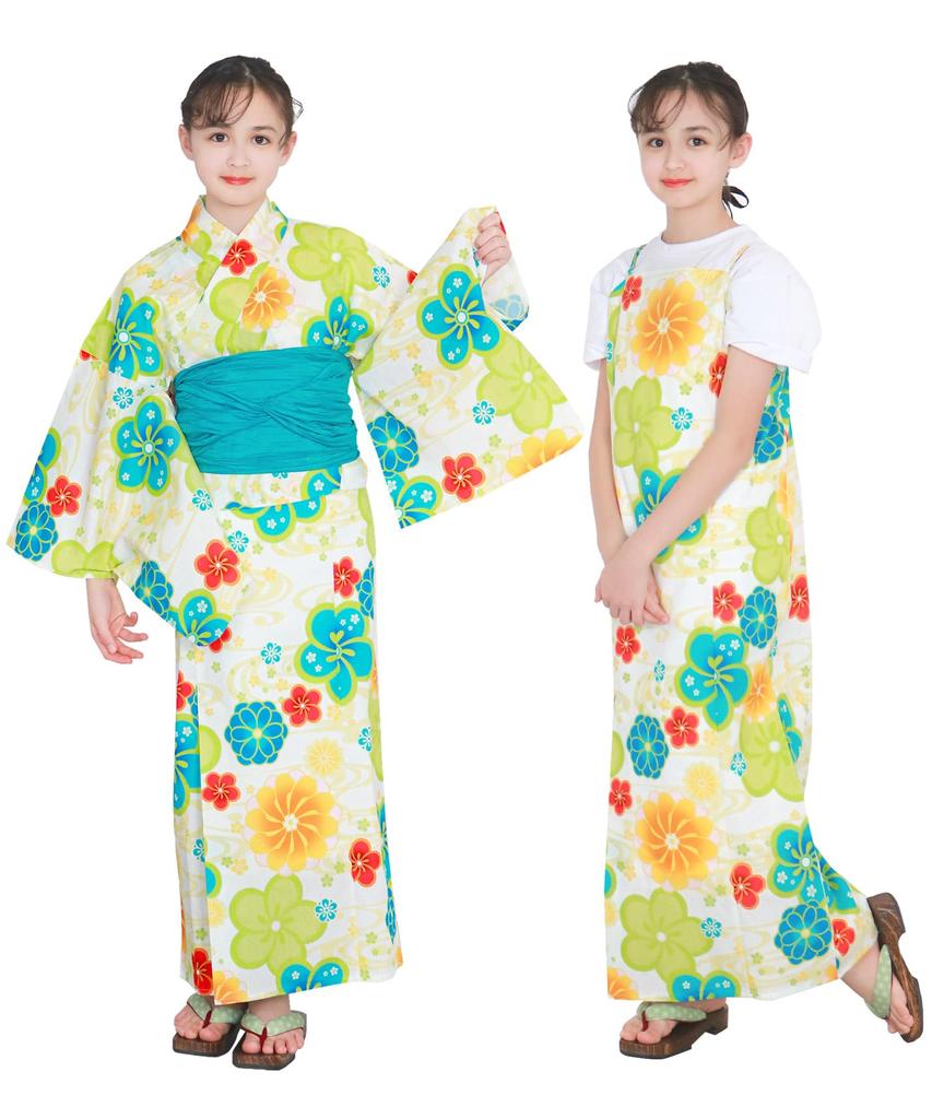 Yukata One Change 3 Piece Set Heiko Junior Girls [KYOETSU] Set, Yukata, Piece, Girls, Unbleached, Weave, (Yukata, Obi, Geta), (6.Kyoume Play, 140cm)