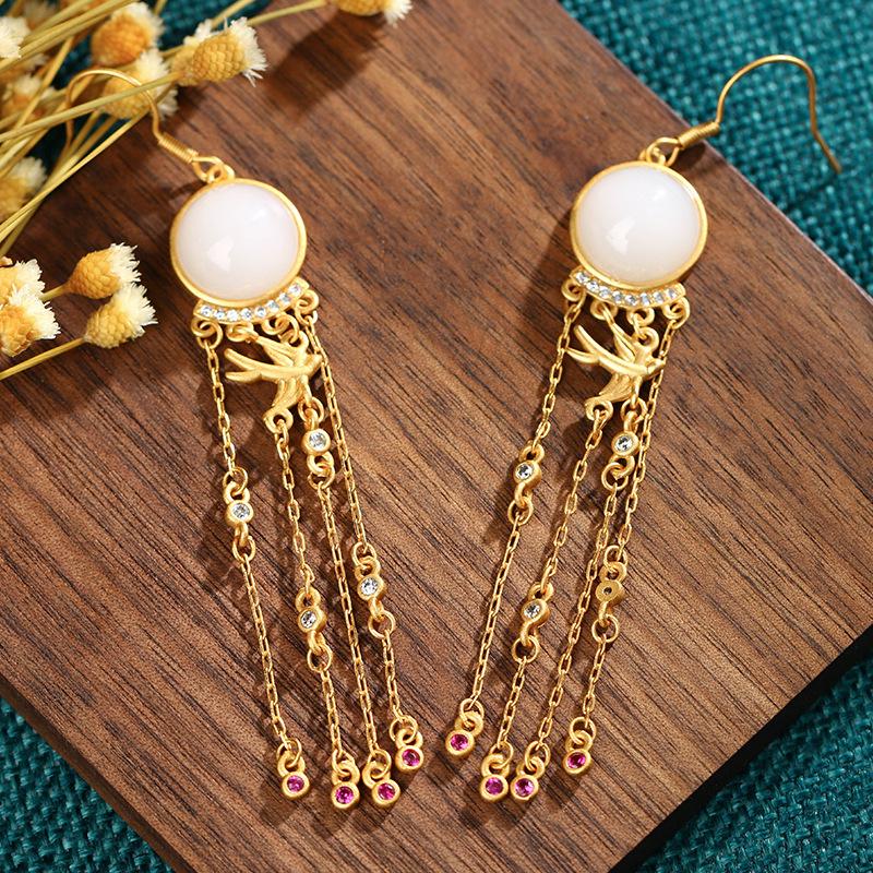Classical Chinese-Style 925 Silver Earrings with Imitation Hetian Jade and Tassel Design Gold Plated