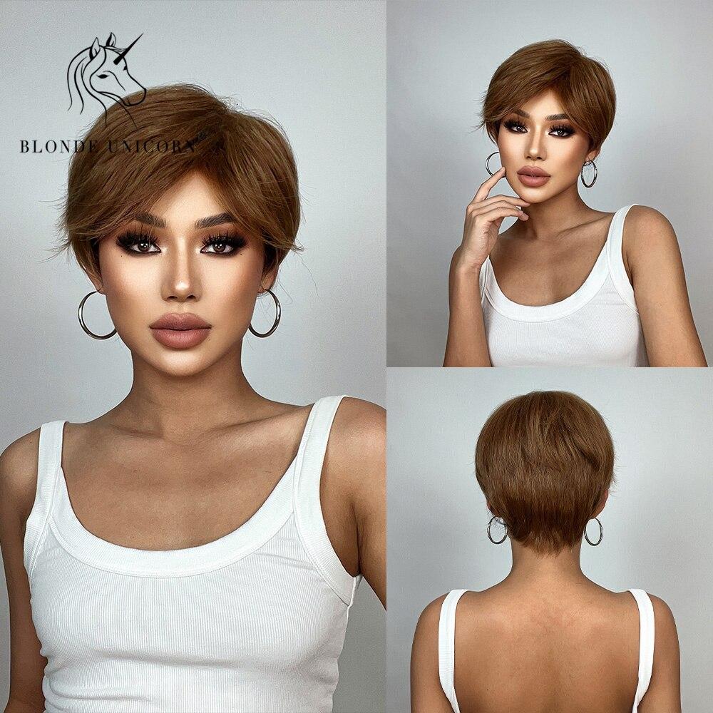 BLONDE UNICORN Blcak Wig Short Bob Wig Synthetic Natural Pixie Cut Hair Wigs Daily Party Use For Women Heat Resistant Fiber
