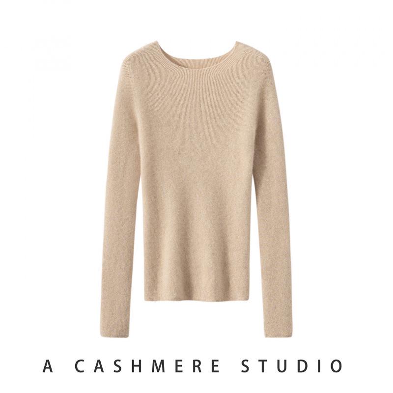 Women's Slim-Fit Round Neck 100% Cashmere Sweater - Stylish Autumn/Winter 2025 Knitwear