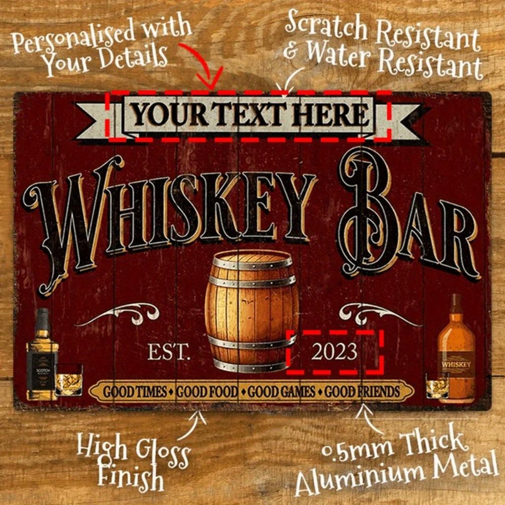 Customizable Personalized Whiskey Bar Sign, High Quality Scratch Water Resistant Metal Tin Wall Art