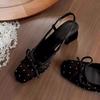 Black square head single shoes women's new satin rhinestone bow leather one-word buckle thick heel bag head sandals