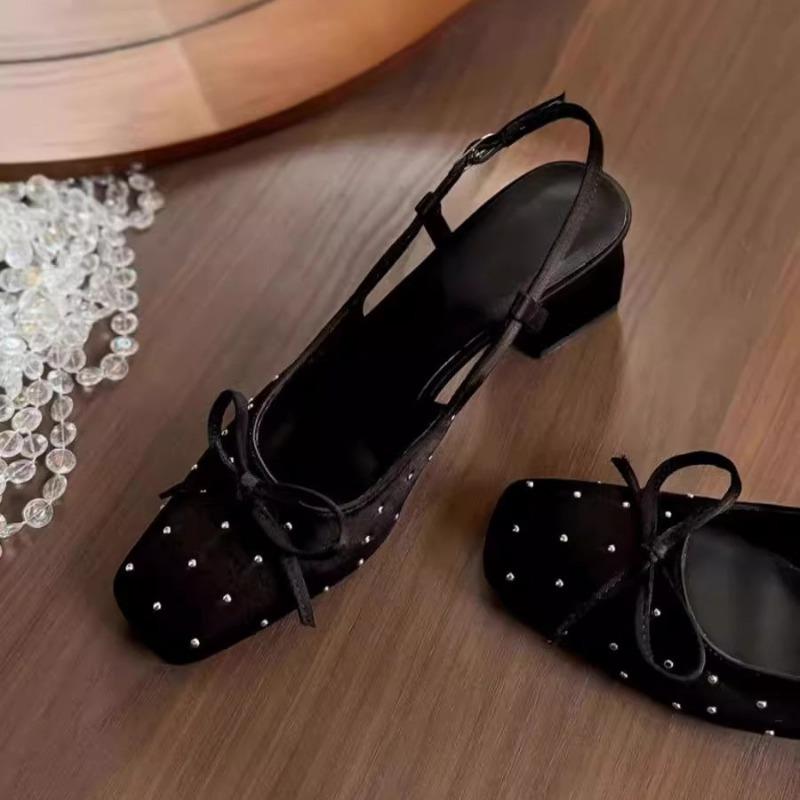 Black square head single shoes women's new satin rhinestone bow leather one-word buckle thick heel bag head sandals