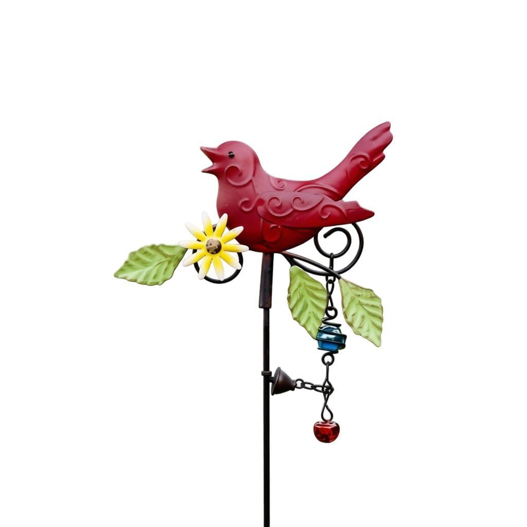 Metal Bird Wind Chime Garden Stake Outdoor Yard Decoration Patio Ornament with Hanging Bell and Floral Design