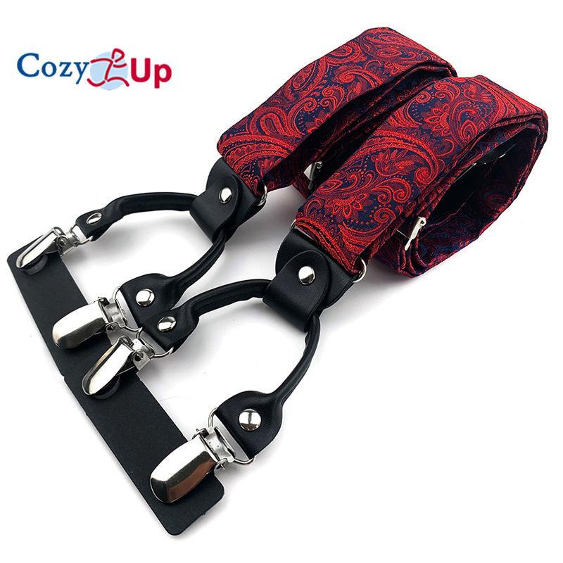 Suspensórios masculinos adultos em forma de Y com 6 clipes em tecido jacquard de couro com alça traseira elástica ajustável com ganchos giratórios e tiras elásticas nas costas em Y