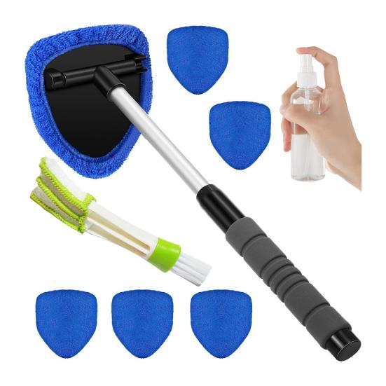 Car Cleaning Brush with Reusable Pads Extendable Handle Sprayer Brush Windshield Cleaning Tool for Car Interior Exterior Glass Cleaning