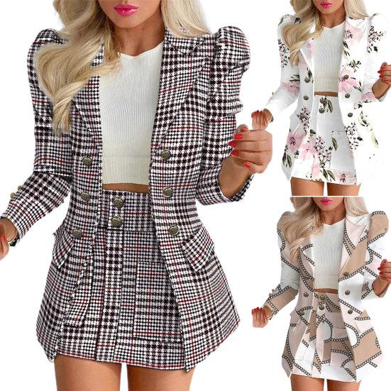 2 Pcs/Set Coat Skirt Set Flower Check Print Color Matching Long Sleeve High Waist OL Style Formal Commute Suit Lady Jacket Skirt Set