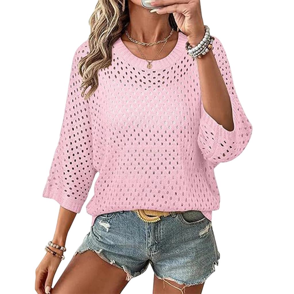 Top in Maglia da Donna Colorato con Scollo Tondo Lavorazione a Intreccio Manica 3/4 per Spiaggia e Uso Casual