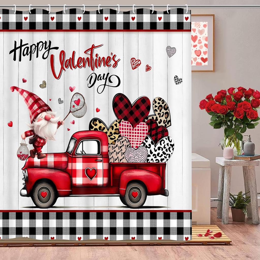 Likiyol Valentines Day Shower Curtain Sets with Rugs, Red Truck Gnome Valentines Bathroom Sets with Shower Curtain and Rugs, Buffalo Plaid Love Heart