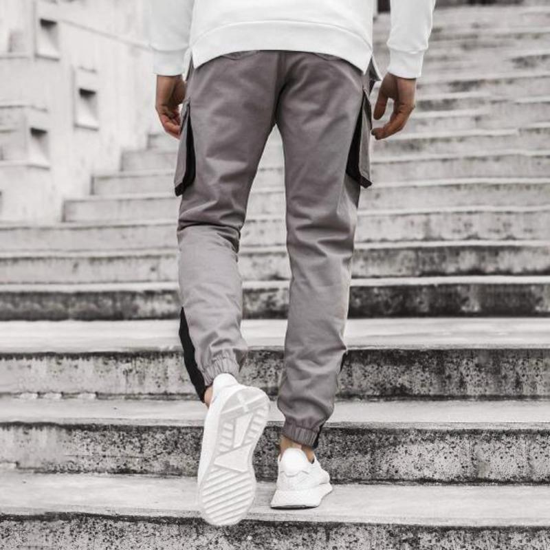 Yousheng Men Cargo Pants Ankle-banded Drawstring Elastic Waist Loose Solid Color Sweatpants with Pockets Retro Style Ankle Length Trousers