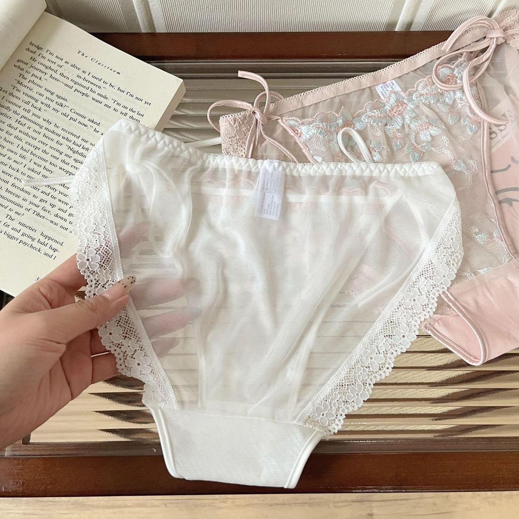 Blooming Mist French Lace Tie-Up Panties: Side Lace-Up, Breathable Cotton Crotch, Triangle Briefs