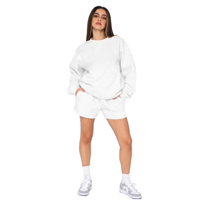 

Women s Fall/Winter Solid Color Pullover Hoodie & Shorts Set - Long Sleeve, Round Neck, Casual Fashion M