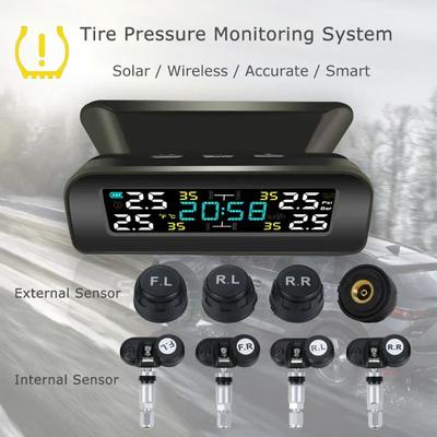 Univerzální bezdrátový systém TPMS pro monitorování tlaku v pneumatikách Solární hodiny LCD displej 4 externí senzor Senzory tlaku v pneumatikách