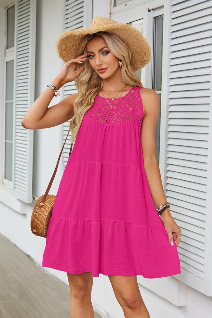 Women's Spring and Summer, Hollow Lace Splicing Neck A-word Dress