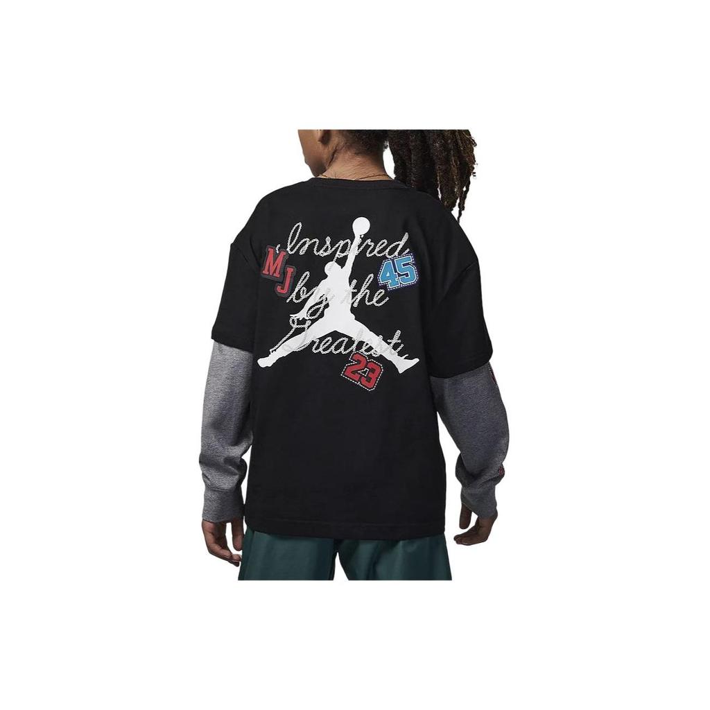 Jordan Stitch Patch Logo Round Neck Fake Two-Piece Long Sleeve Printed T-Shirt Kids Tops Black HF2312-010