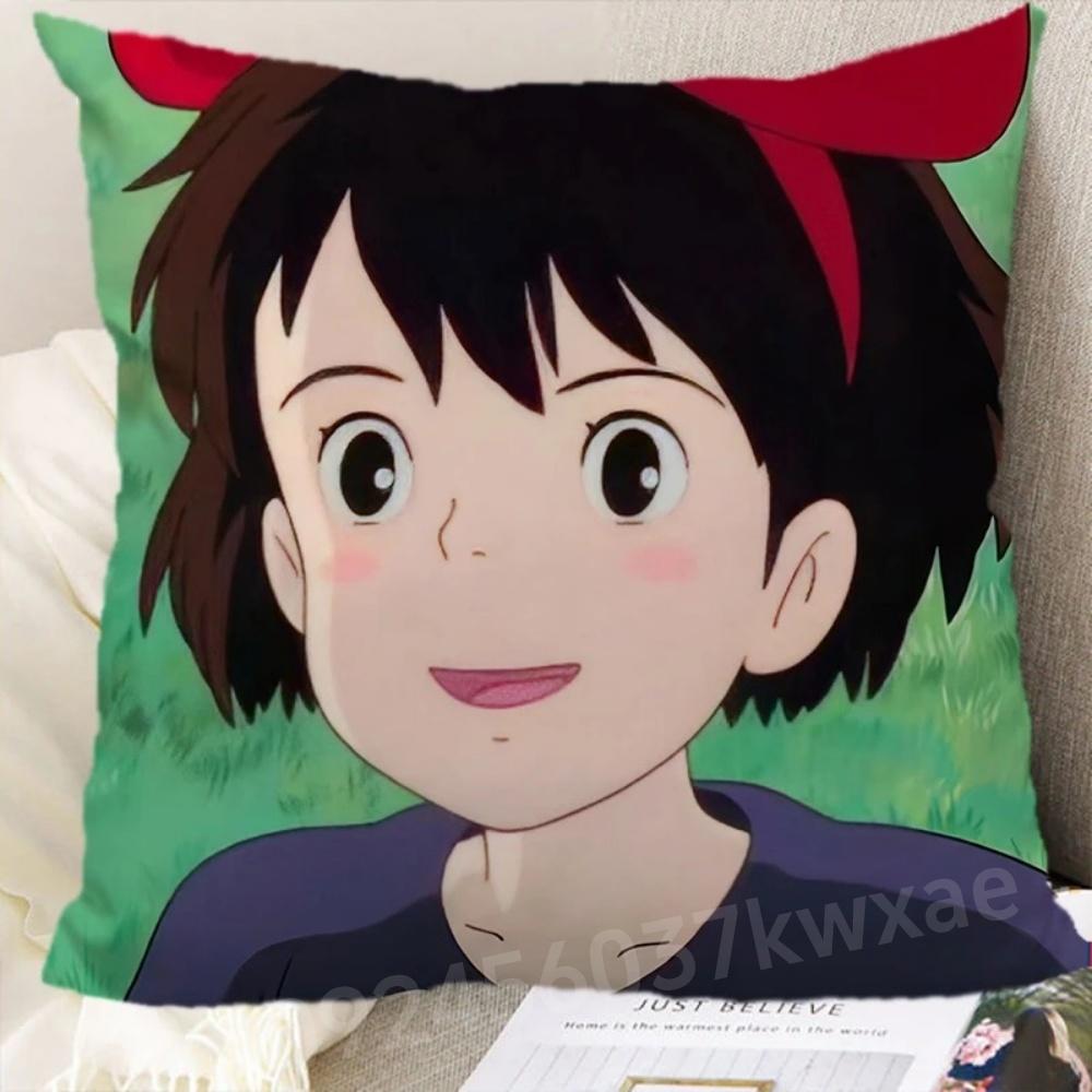 1Piece Miyazaki Hayao Anime Back Pillowcase Kiki And Jiji Printed Kiki S Delivery Service Pillow Case Room Decor Only Cover Peach skin 18*18(CM)-1Pcs