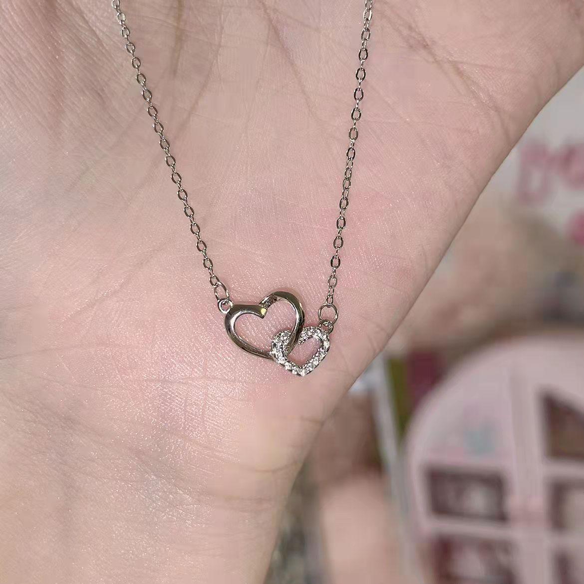 

Interlocking Double Ring Necklace: Heart-to-Heart Möbius Choker with Luminous Pendant