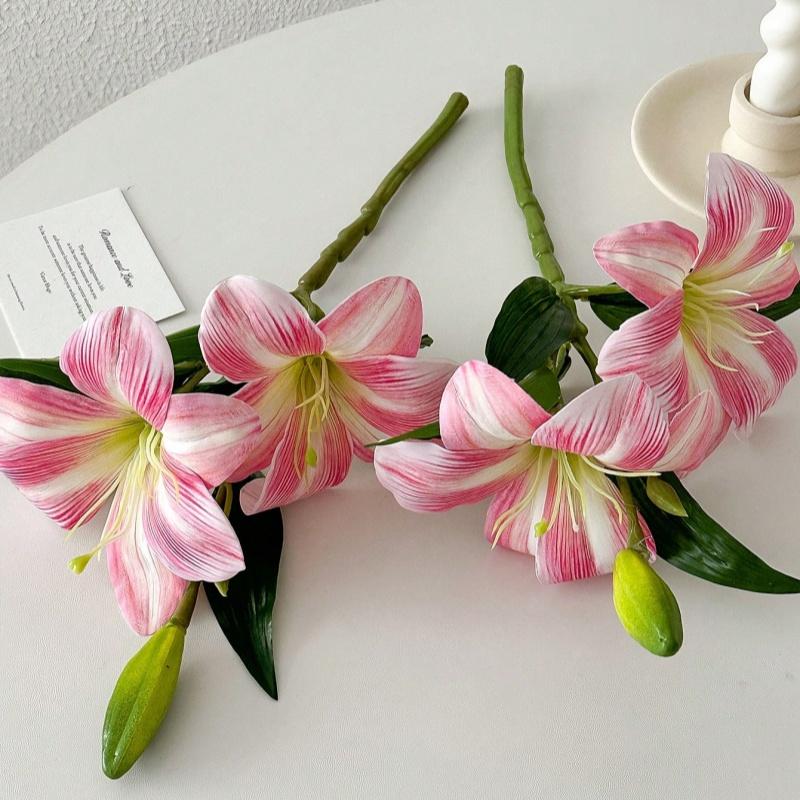Lily Artificial Flowers Fake Real Touch Lilies 3 Heads Buds Faux Flora for Indoor Home Decor Outdoor Party Easter Lily Flower