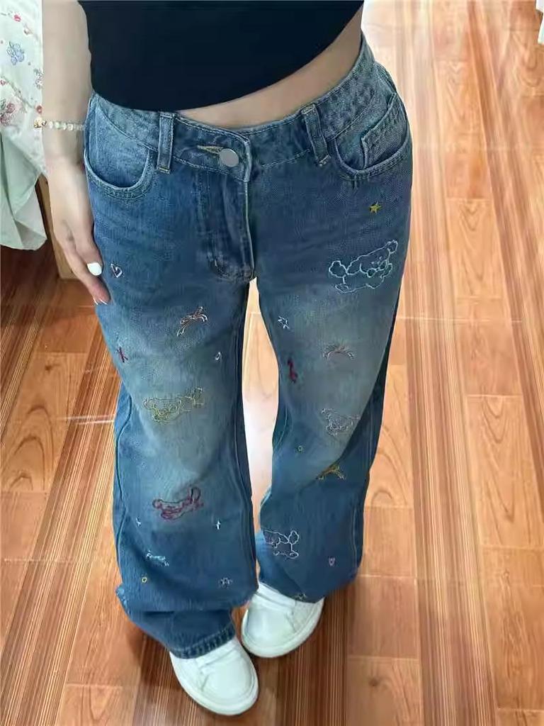 Women's Retro Embroidery High Waist Straight Leg Jeans, Autumn 2025, Slimming Narrow and Wide Leg Options.