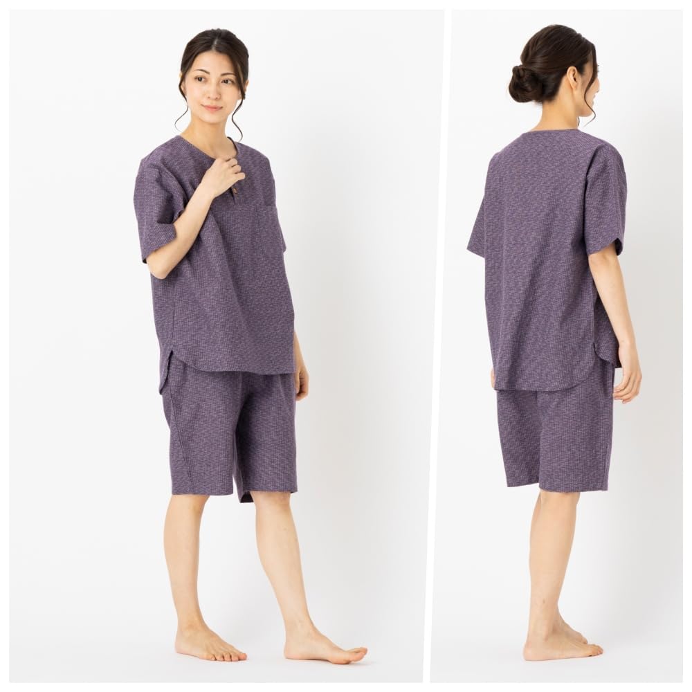 Watanosato Made in Japan Summer Cotton Short Sleeve Loungewear 622 (Watano Sato) Women's Loungewear, Set, (Free Size, Purple)
