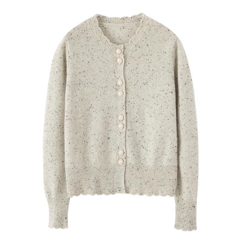 Women's Sweet Style Dot Yarn Round Neck Cashmere Cardigan with Lace Trim