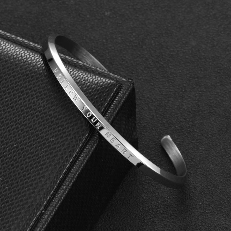 Titanium Steel C-Shaped Engraved "Follow Your Heart" Open Bracelet for Couples