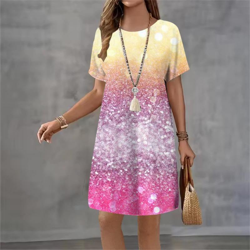 New Summer Dresses Women Dot Gradient Tie Dye Print Short Sleeve Dress Casual Fashion Loose Party A-Line Dress Vestidos L