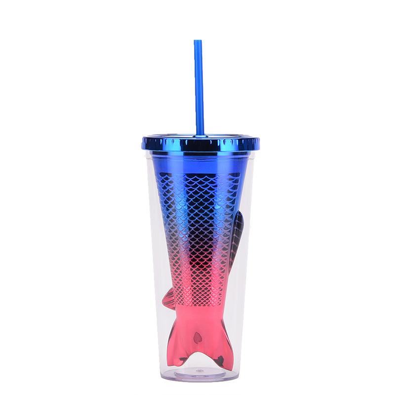 

Double Layer Plastic Cup Creative Gradual Change Mermaid Tail Straw Cup Appearance Electroplating Color Sequined Water Cup 301-400ml