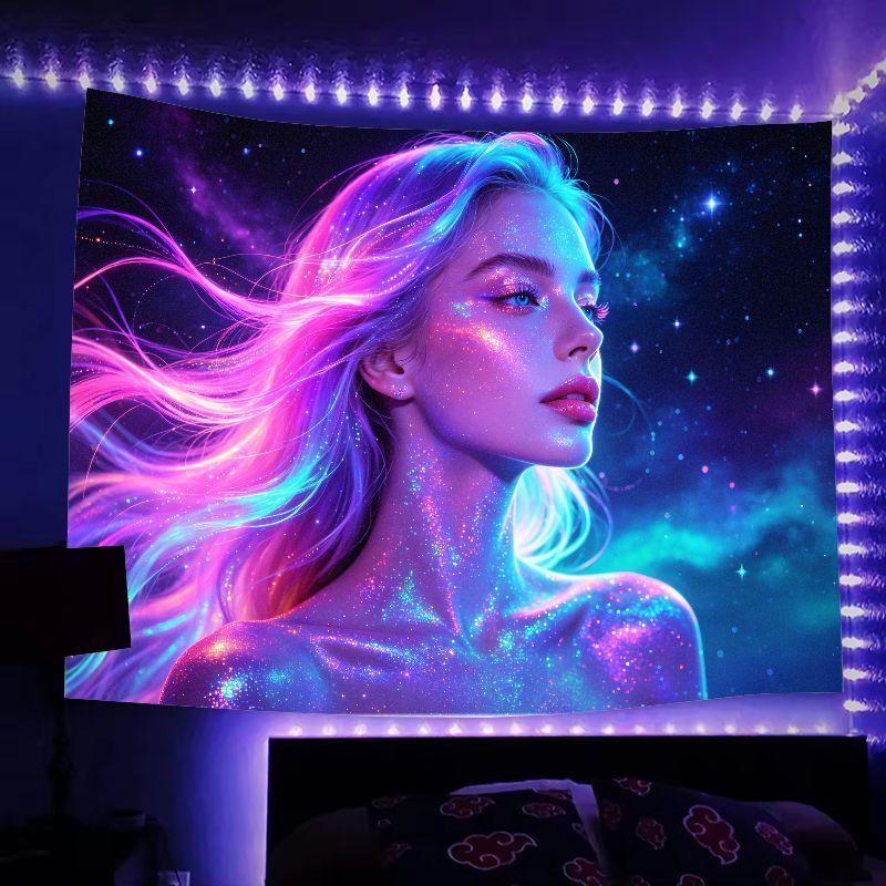 Cyberpunk Girl Tapestry Neon Futuristic Wall Hanging Polyester Fabric Aesthetic Bedroom Gaming Room Decor