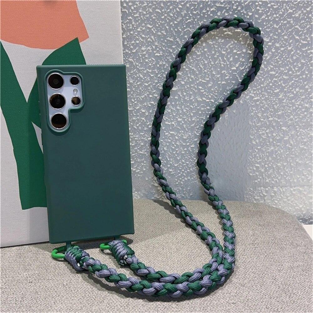 

Чехол с плетеным ремешком через плечо для Samsung S24 Ultra S23 FE S22 S21 Plus S20 FE A15 A05 A35 A55 A54 A34 A33 A53 A73 A52 A72, мягкий чехол Samsung S24ultra зелёный