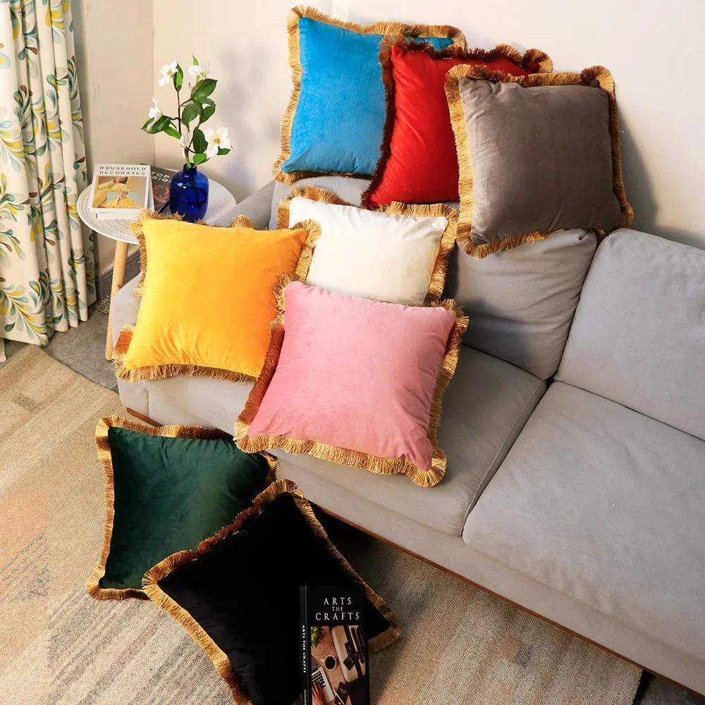Velvet Cushion Cover with Gold Tassels Edge, Monochromatic Pillowcase, Decorative Sample Room, Bed and Sofa