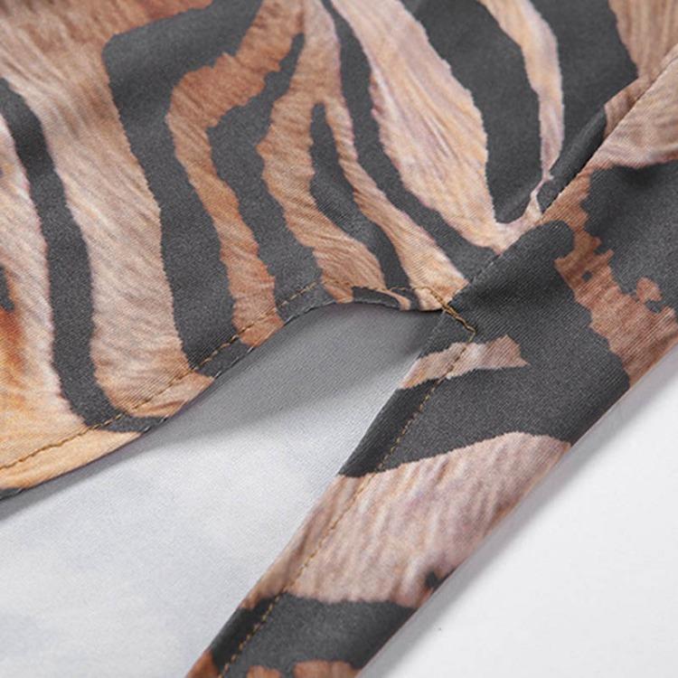 Sexy Women Summer Dress Spaghetti Strap Slash Neck Slim Tiger Print Khaki Split Side Lady Dress