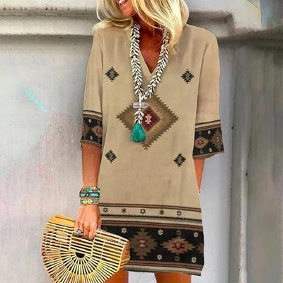 New Spring and Summer Loose V-neck Printed Ethnic Style Short-sleeved Dress Women's Clothing