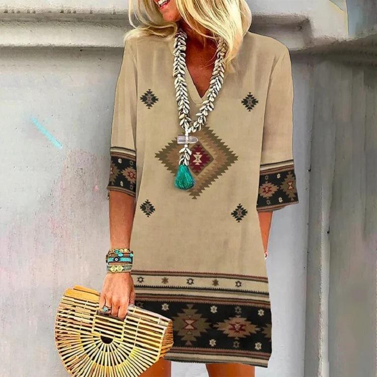 

New Spring and Summer Loose V-neck Printed Ethnic Style Short-sleeved Dress Women s Clothing 5XL синій