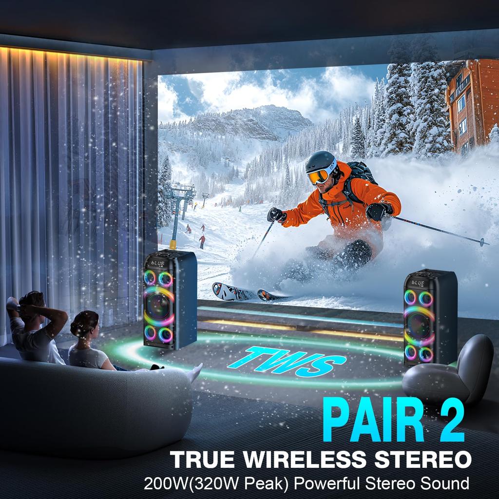Bluetooth Speaker, 160W Peak Powerful Loud Stereo Sound Deep Bass Wireless Boombox with Subwoofer TWS Pairing Dynamic LED Light