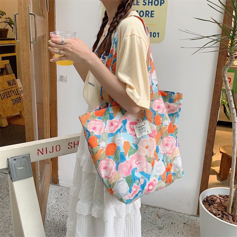 1 Vintage summer casual open shoulder bag women's Monet garden print student travel canvas tote bag